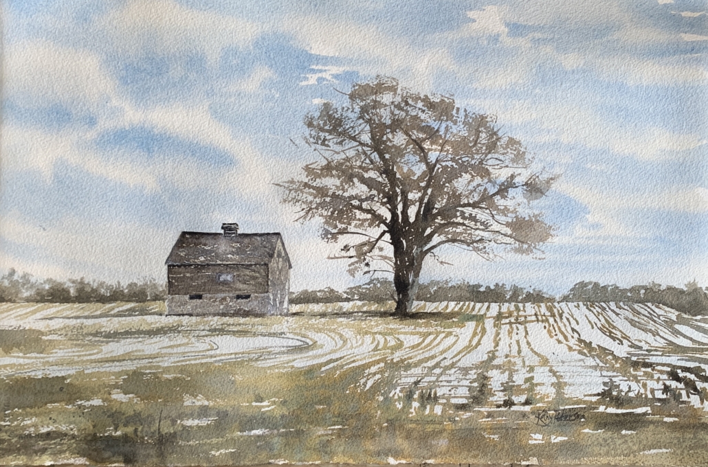 watercolor drawing of a barn and tree